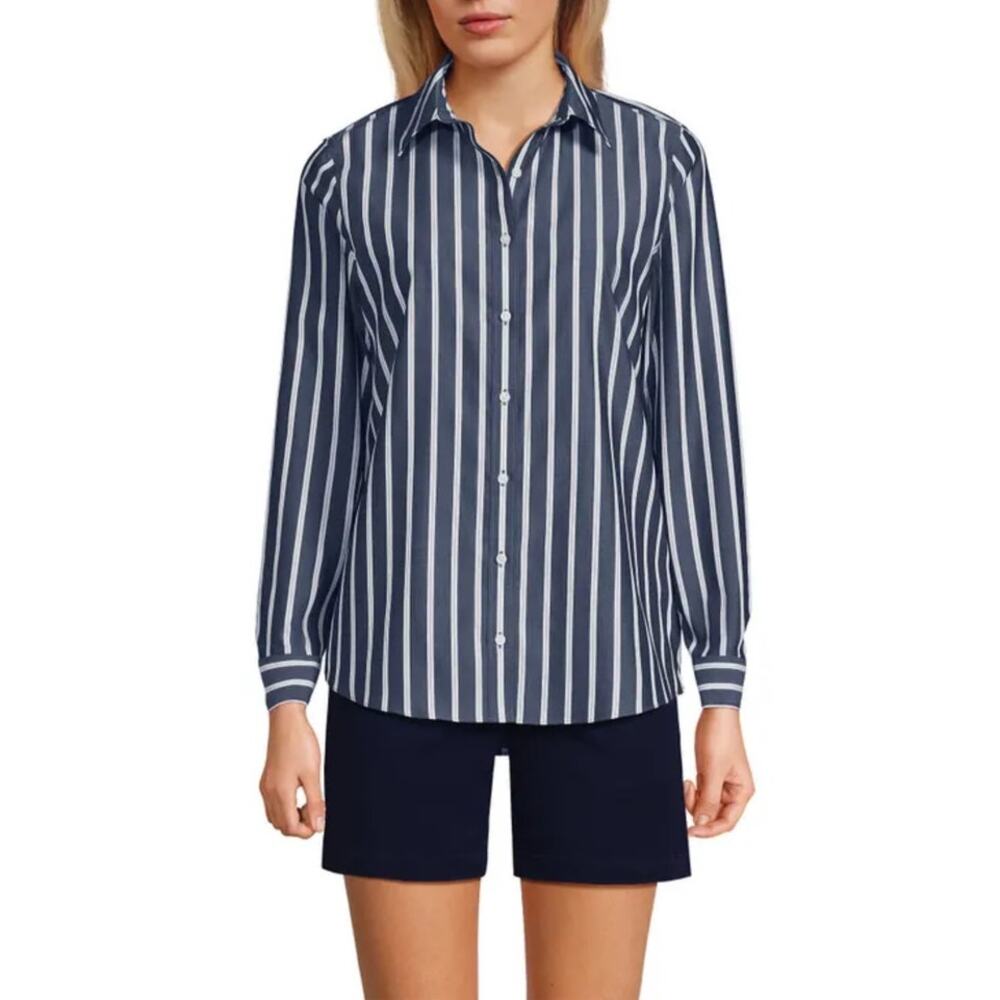 Lands' End Navy and White Vertical Stripe Button-Up Blouse